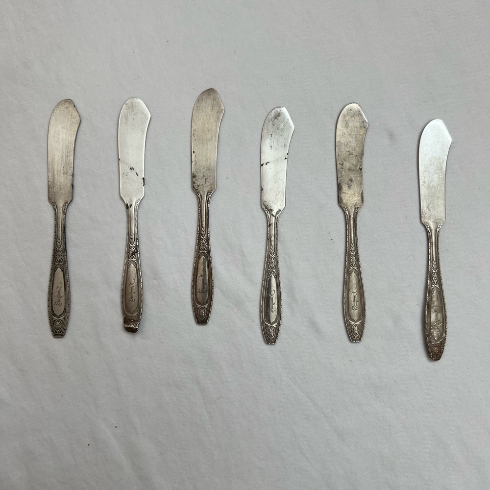 6 Juliet By Wallace Silver Butter Knife Spreader 5 1/2" Flatware Mono Tarnished